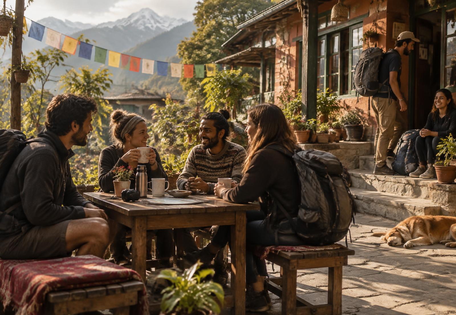 Travellers sharing tea in the courtyard of a mountain hostel